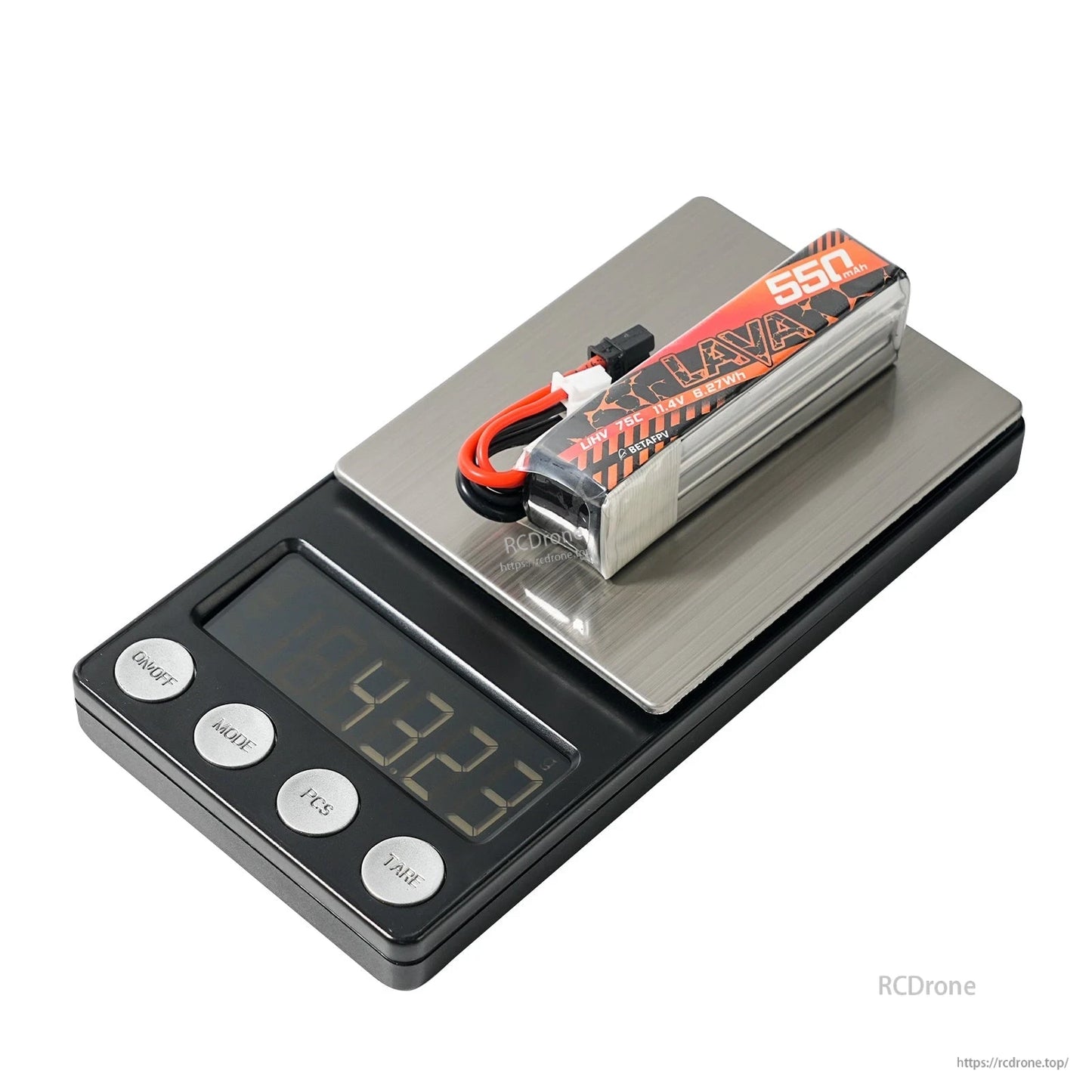 LAVA 550mAh LiHV battery on digital scale, display shows 43.23 g