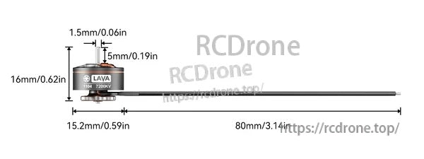 LAVA 1104 7200KV motor size diagram with 80mm wire lead for custom routing in tight frames
