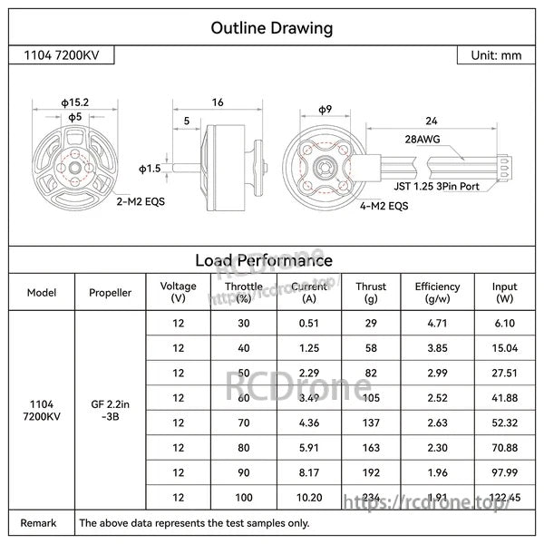 Outline drawing and 12V load performance table for 1104 7200KV motor with GF 2.2in 3-blade prop