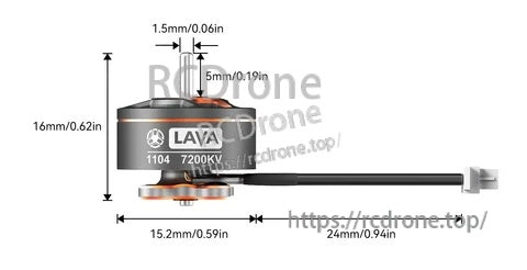 LAVA 1104 7200KV motor dimensions with 24mm wire lead and JST 1.25 3-pin connector option