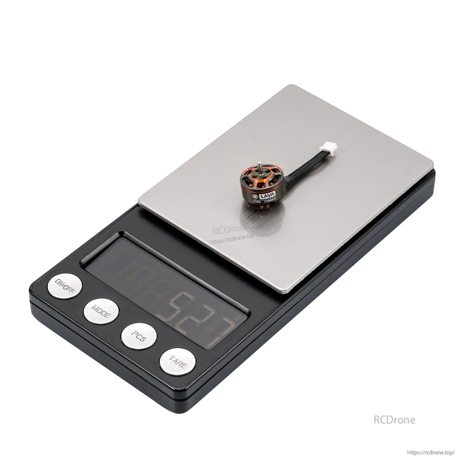 BetaFPV LAVA Series 1104 motor on digital scale showing weight measurement with wire connector