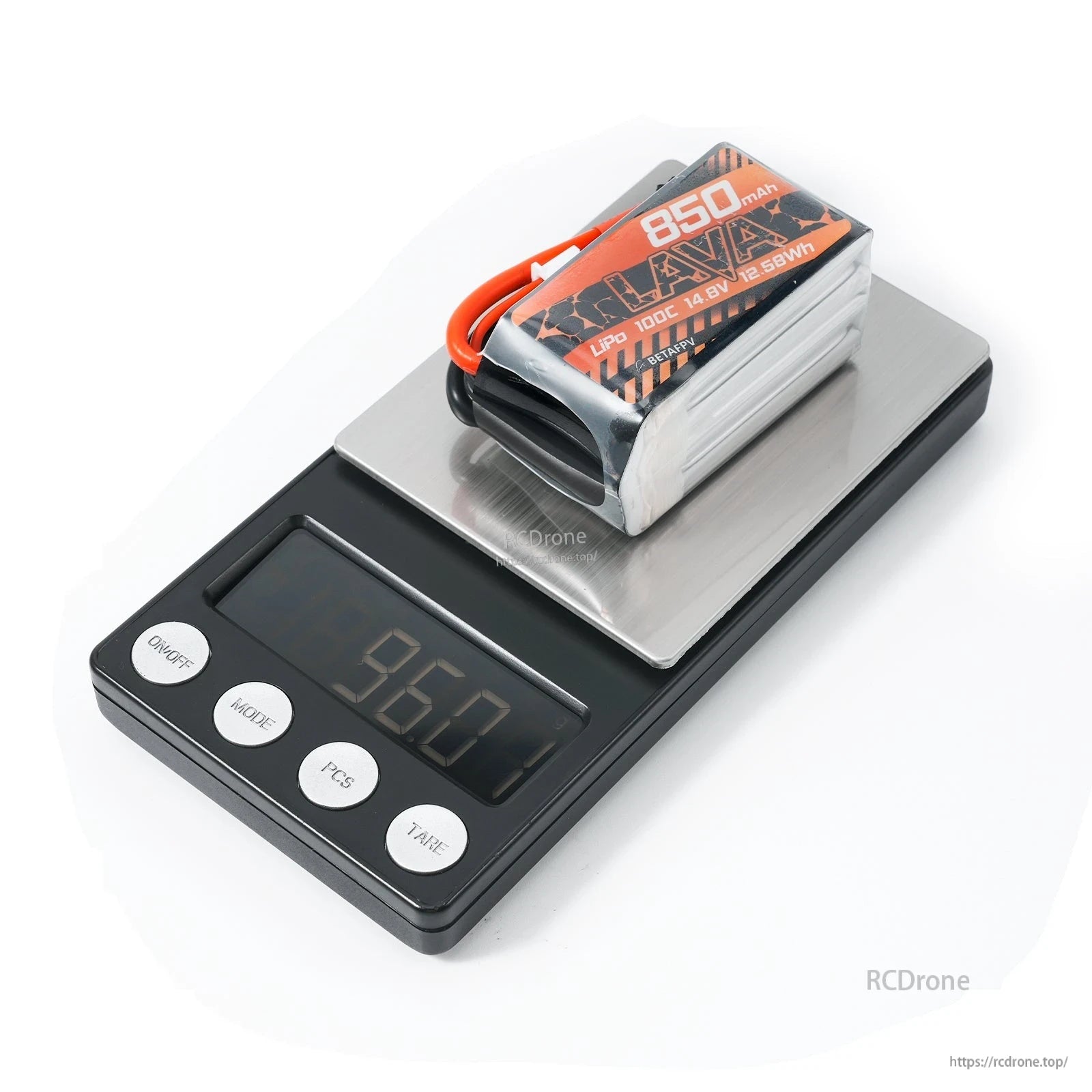 LAVA 850mAh LiPo battery on digital scale showing 96.01 g weight reading