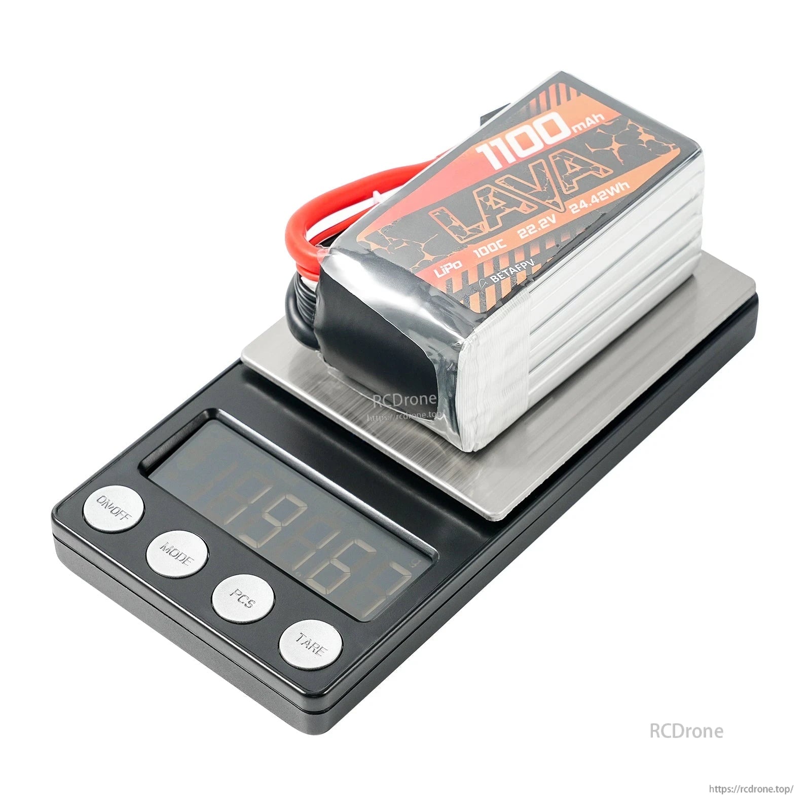LAVA 6S 1100mAh LiPo battery on digital scale for weight check, top label visible