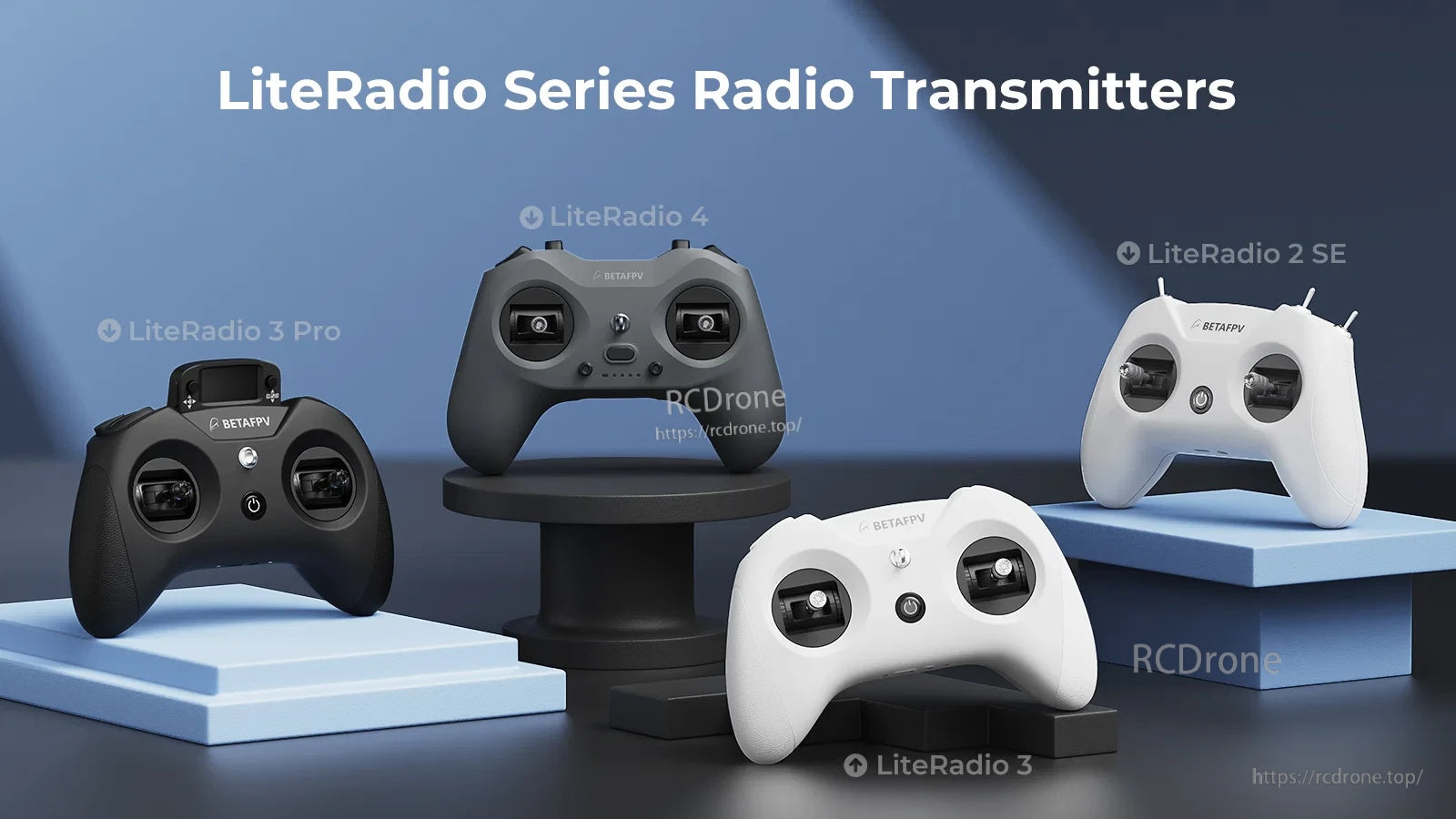 LiteRadio series comparison image showing LiteRadio 4 alongside LiteRadio 3 Pro, LiteRadio 3, and LiteRadio 2 SE transmitters