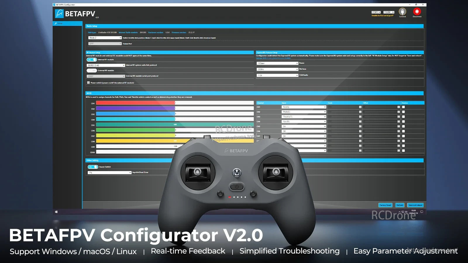 BETAFPV Configurator V2.0 software screen behind LiteRadio 4 for parameter setup and real-time feedback