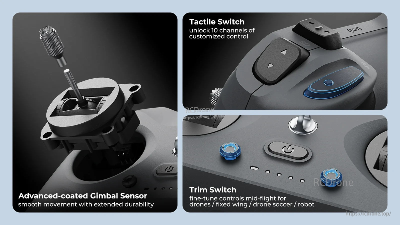 Close-ups of LiteRadio 4 tactile switch, trim switch controls, and advanced-coated gimbal sensor assembly