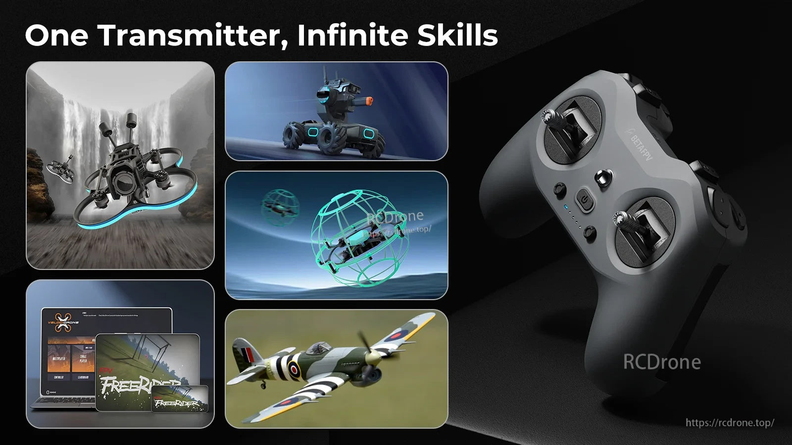 LiteRadio 4 transmitter use cases collage for FPV, drone soccer, robot control, fixed-wing flying, and simulator practice