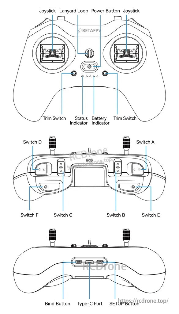 LiteRadio 4 control layout diagram with joysticks, trim switches, power button, bind button, and USB-C port labels