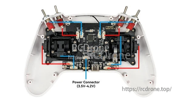 LiteRadio transmitter internal layout highlighting gimbal wiring routes and 3.5–4.2 V power connector