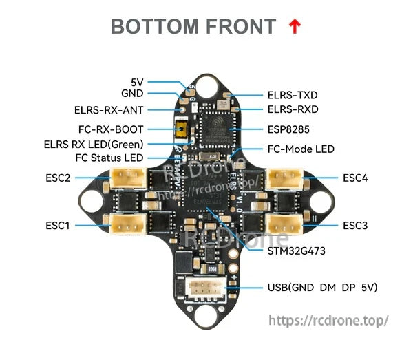 Matrix 1S 4IN1 bottom-side layout with ELRS pads, USB pads, ESC connectors, and STM32G473 markings