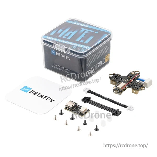 BetaFPV Matrix 1S Brushless Flight Controller package contents with case, board, USB adapter, cable, and hardware