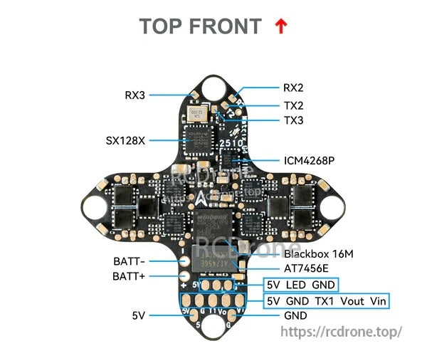 Matrix 1S 4IN1 top-side pinout with ICM42688P gyro, AT7456E OSD chip, 16MB blackbox, and VTX pads