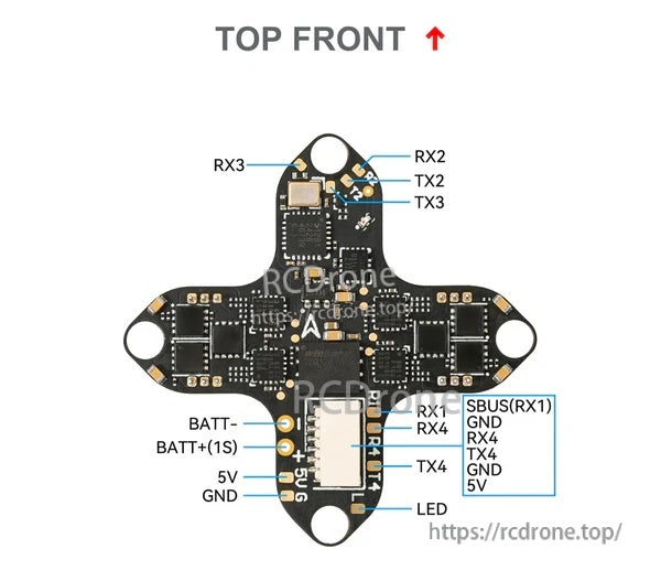 Matrix 1S 3IN1 top-side pinout with battery pads, 5V/GND, LED pads, and UART/SBUS labels