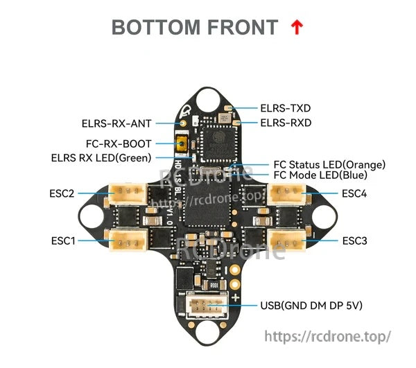 Matrix 1S 3IN1 bottom-side layout with ELRS pads, USB pads, status LEDs, and ESC1–ESC4 motor plugs