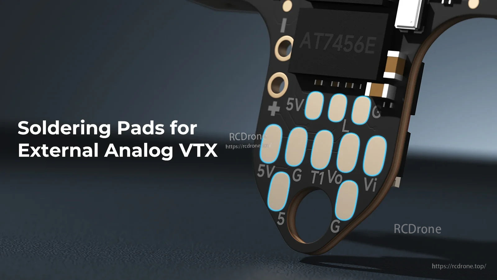 Matrix 1S 4IN1 solder pad area for external analog VTX wiring, including 5V, GND, and signal pads