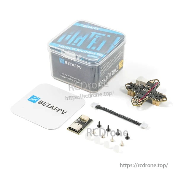 Matrix 1S flight controller kit laid out with storage case, board, USB adapter, cable, grommets, and screws
