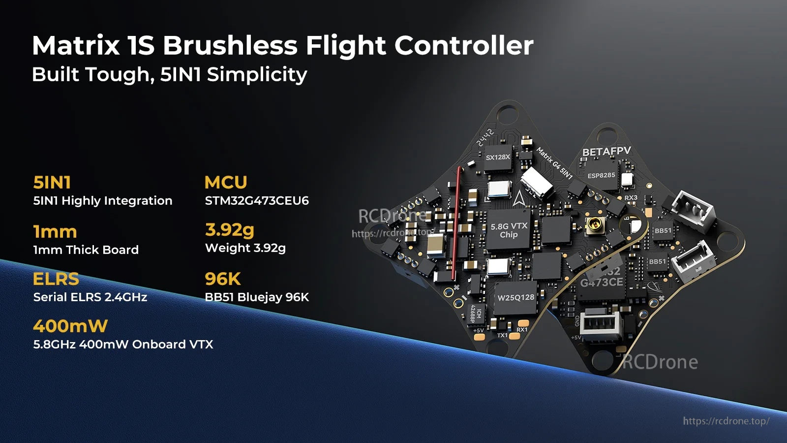 BetaFPV Matrix 1S Brushless Flight Controller (5-in-1) with integrated ELRS RX, 5.8GHz VTX, and 1.0mm PCB