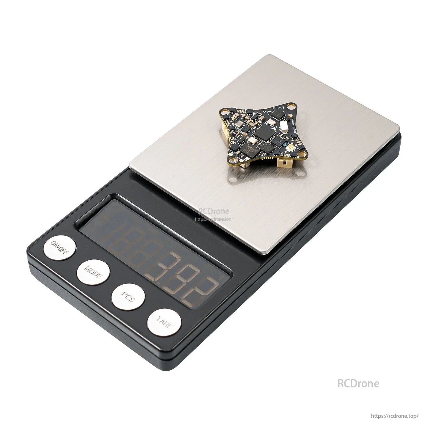 Matrix 1S brushless flight controller placed on a digital scale to show its weight