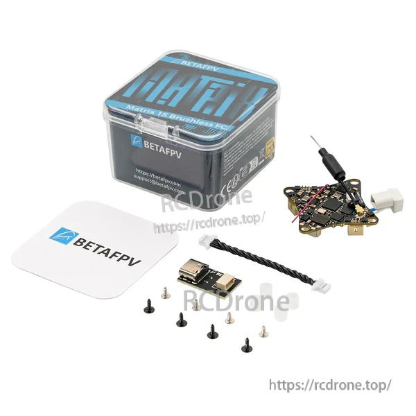 BetaFPV Matrix 1S brushless flight controller package contents with storage tin, board, antenna lead, USB adapter, and mounting screws