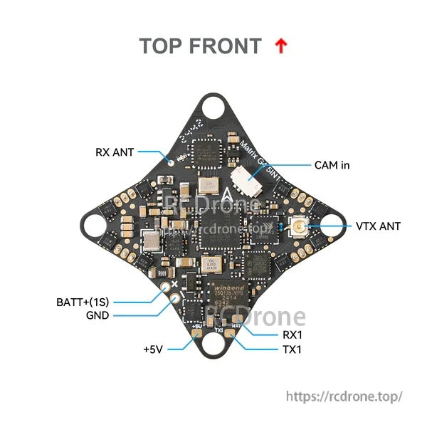 Top-side pinout for Matrix 1S flight controller: RX antenna, camera input, VTX antenna, 1S battery pads, 5V, RX1/TX1