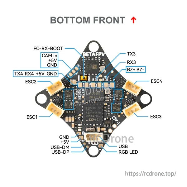 Bottom-side pinout for Matrix 1S FC showing FC-RX-BOOT, USB pads, RGB LED, buzzer pads, UART3/4, and ESC1–ESC4 motor outputs