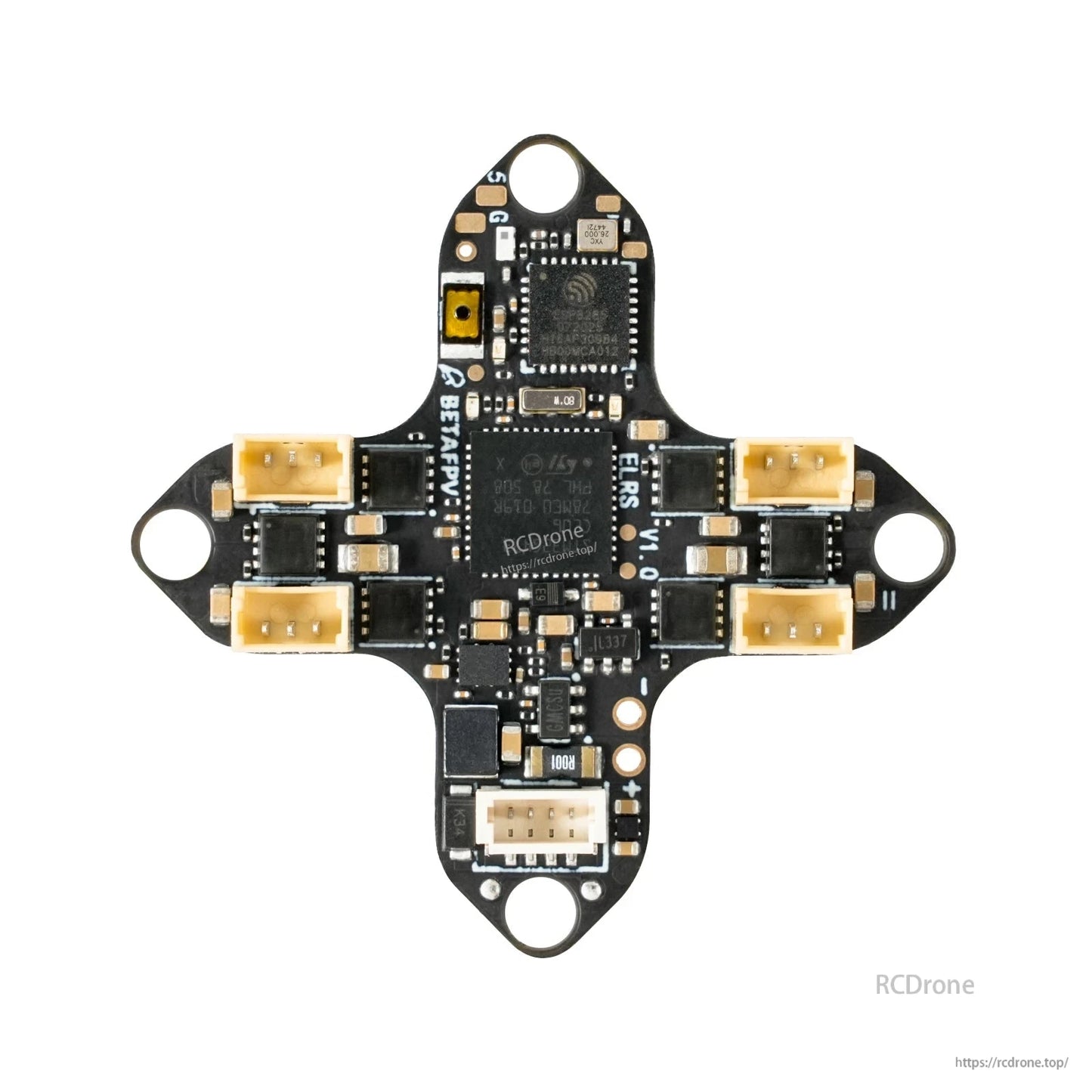 Rear side of flight controller board with BETAFPV silkscreen, solder pads, and four motor connectors