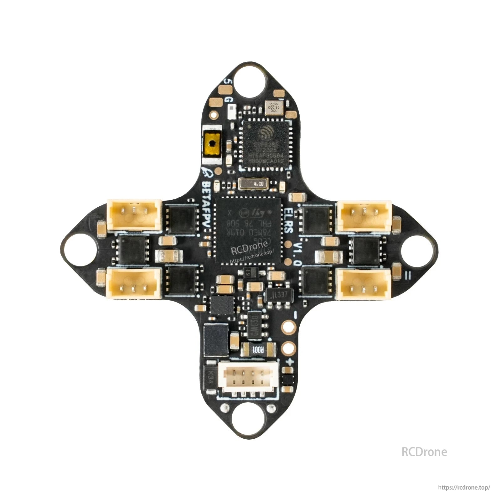 Rear side of flight controller board with BETAFPV silkscreen, solder pads, and four motor connectors