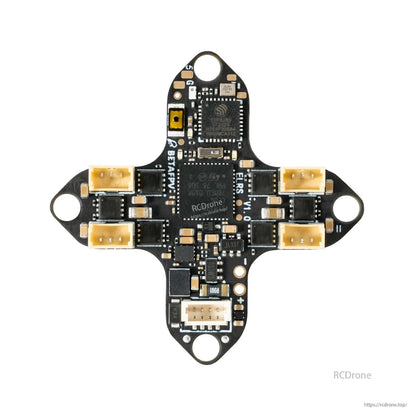 Rear side of flight controller board with BETAFPV silkscreen, solder pads, and four motor connectors