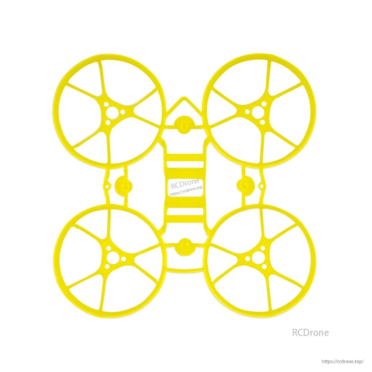 Yellow ducted whoop frame, top view with four circular prop guards and center ladder brace