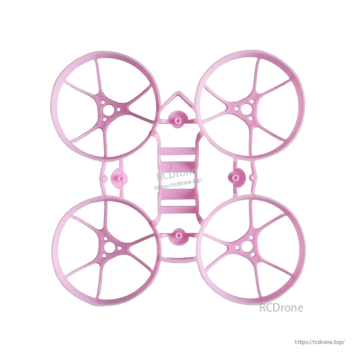Light pink ducted whoop frame top view, four prop guard circles with spoke supports