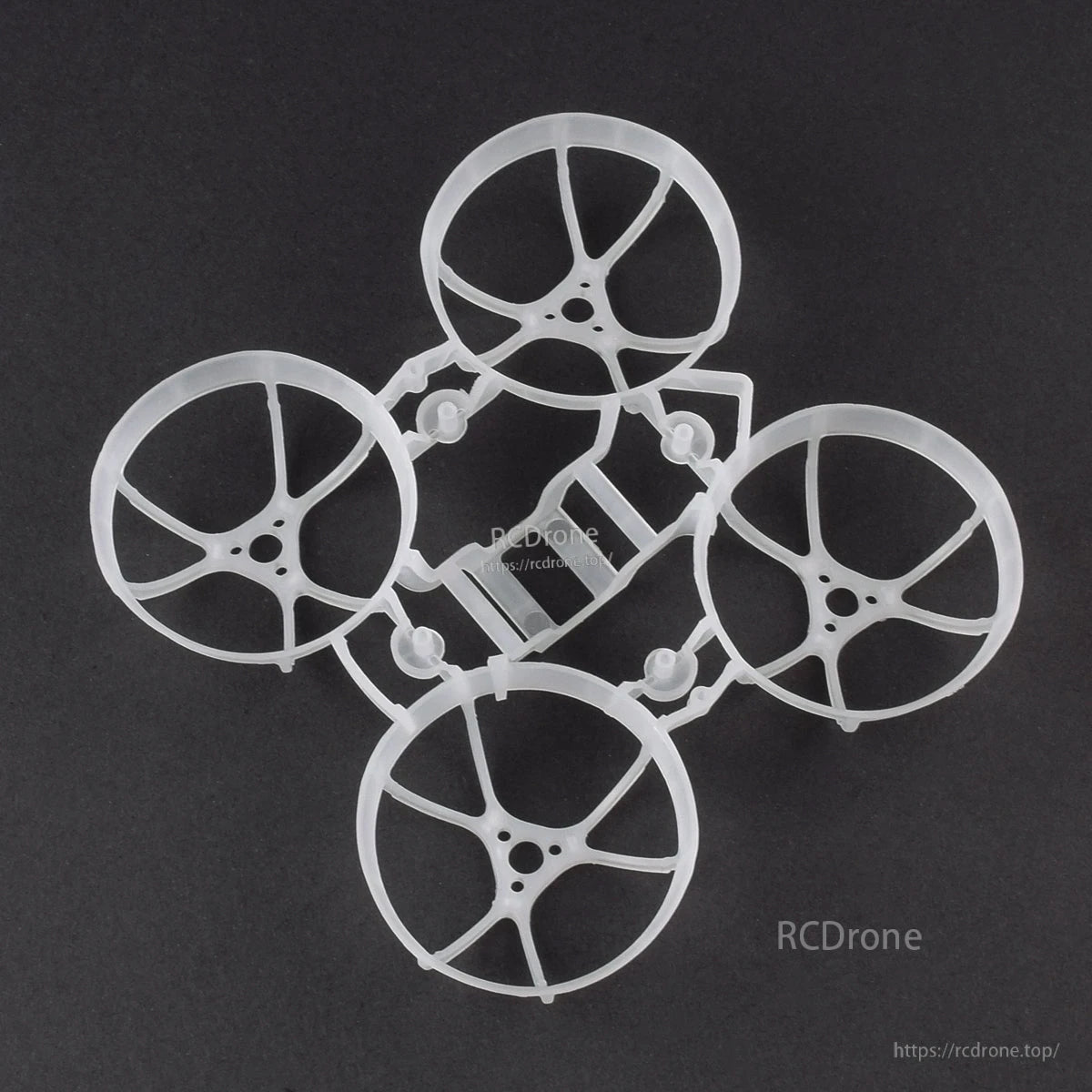 Transparent white Meteor65 whoop frame shown at angle on dark background, 4 duct guards