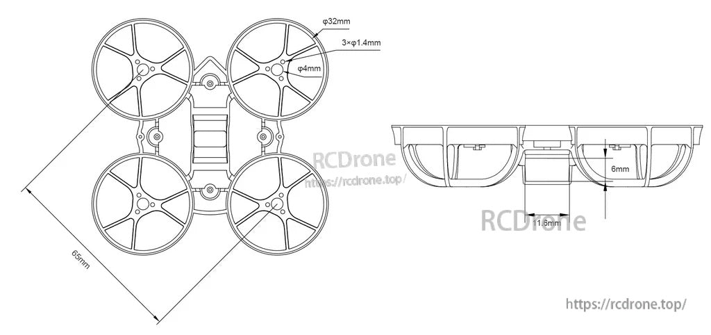 Meteor65 65mm whoop frame technical drawing with 32mm duct, 1.4mm motor holes and 26×26 FC mount callouts