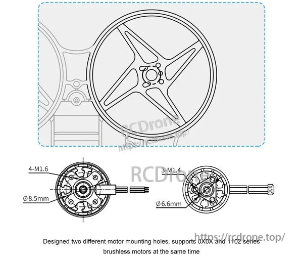 Meteor75 frame motor mount detail with two hole patterns for 0603/0802 and 1102 brushless motors