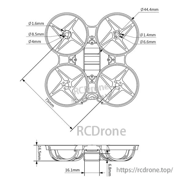 Meteor75 whoop frame dimension drawing showing 75mm size, duct diameter, and frame height measurements
