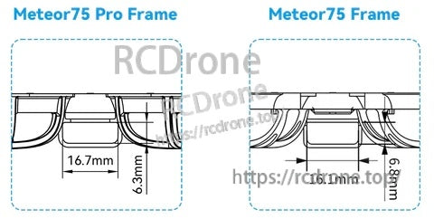Side profile comparison showing Meteor75 Pro 16.7mm battery slot versus Meteor75 16.1mm battery slot height differences