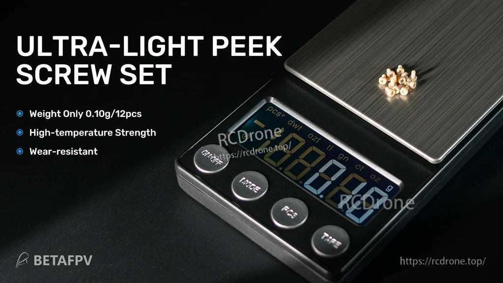 BetaFPV Meteor/Air Series motor fixing PEEK screws pack on scale, ultra‑light 0.10 g per 12 pcs