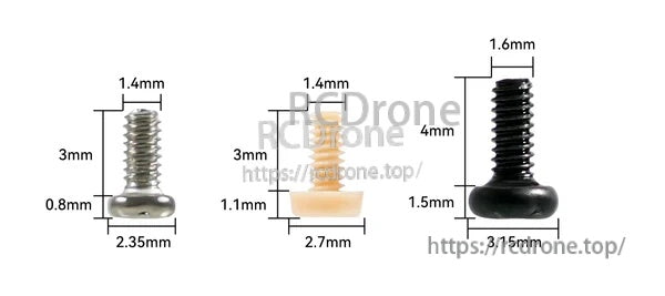 Motor screw size guide for PEEK pack: M1.4×3 (two head types) and M1.6×4 with measured dimensions