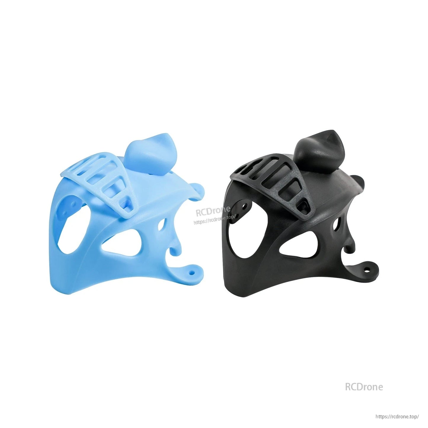 Blue and black micro FPV canopy comparison, side-by-side front-left view with raised top cover