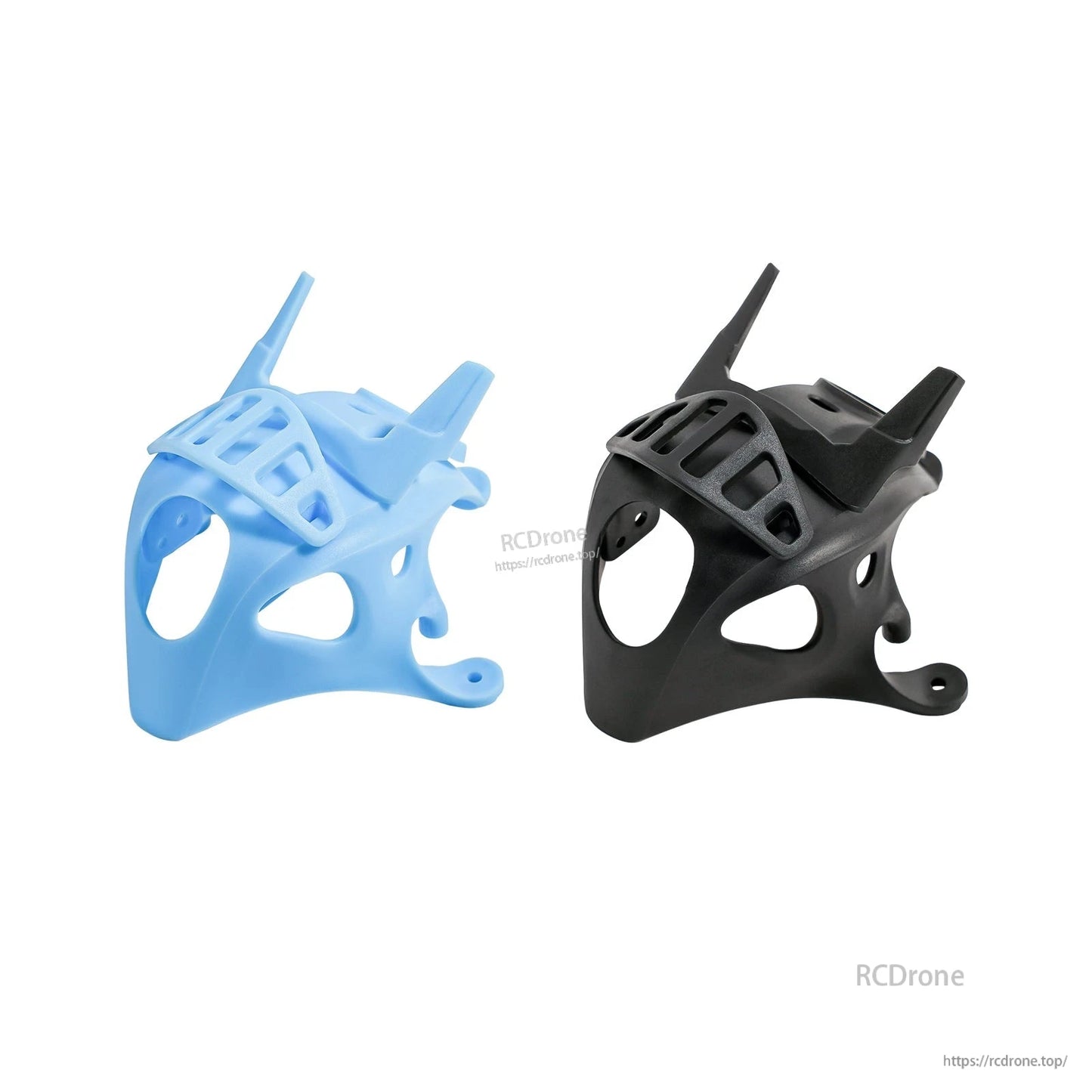 Blue and black micro FPV canopy comparison, side-by-side front-left view without raised top cover