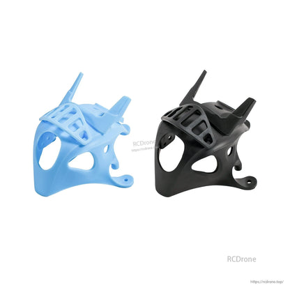 Blue and black micro FPV canopy comparison, side-by-side front-left view without raised top cover