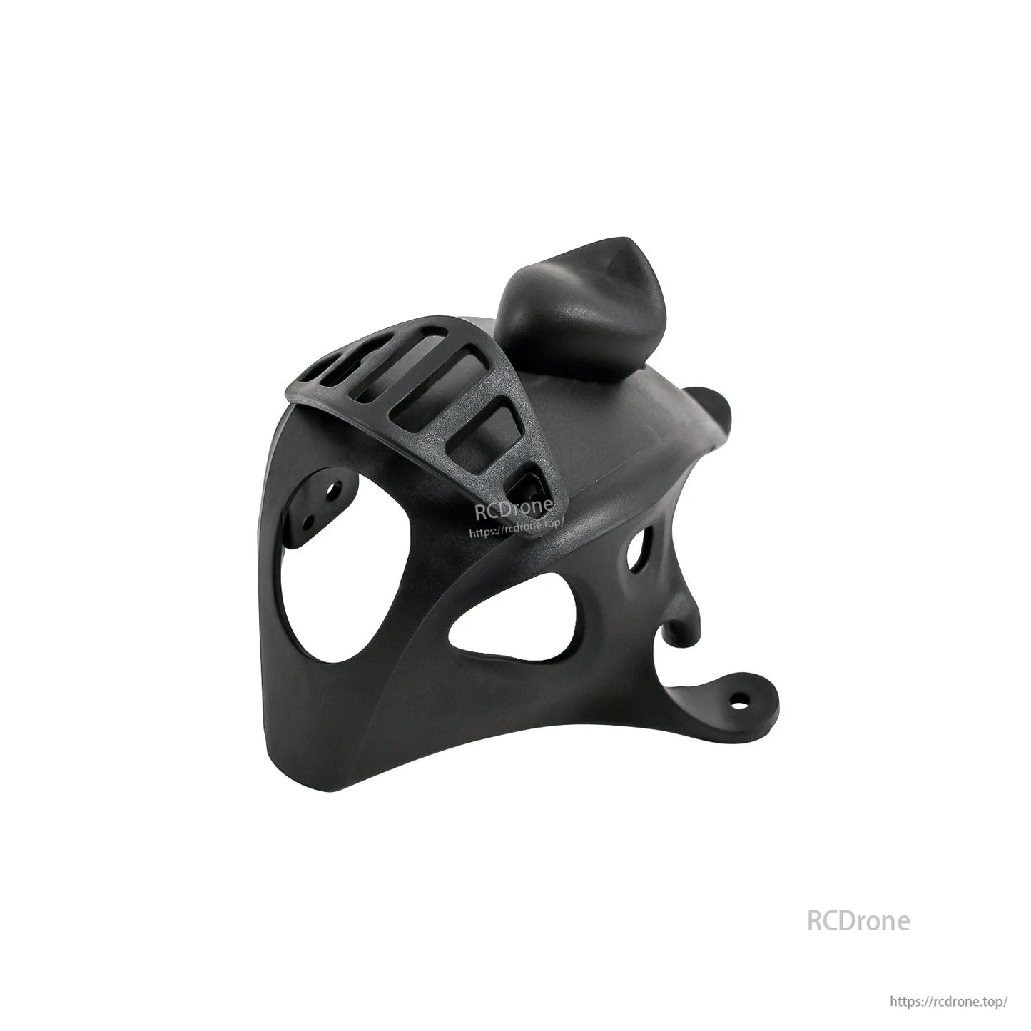 Black micro FPV canopy with raised top cover, front-left view showing vent slots and camera opening