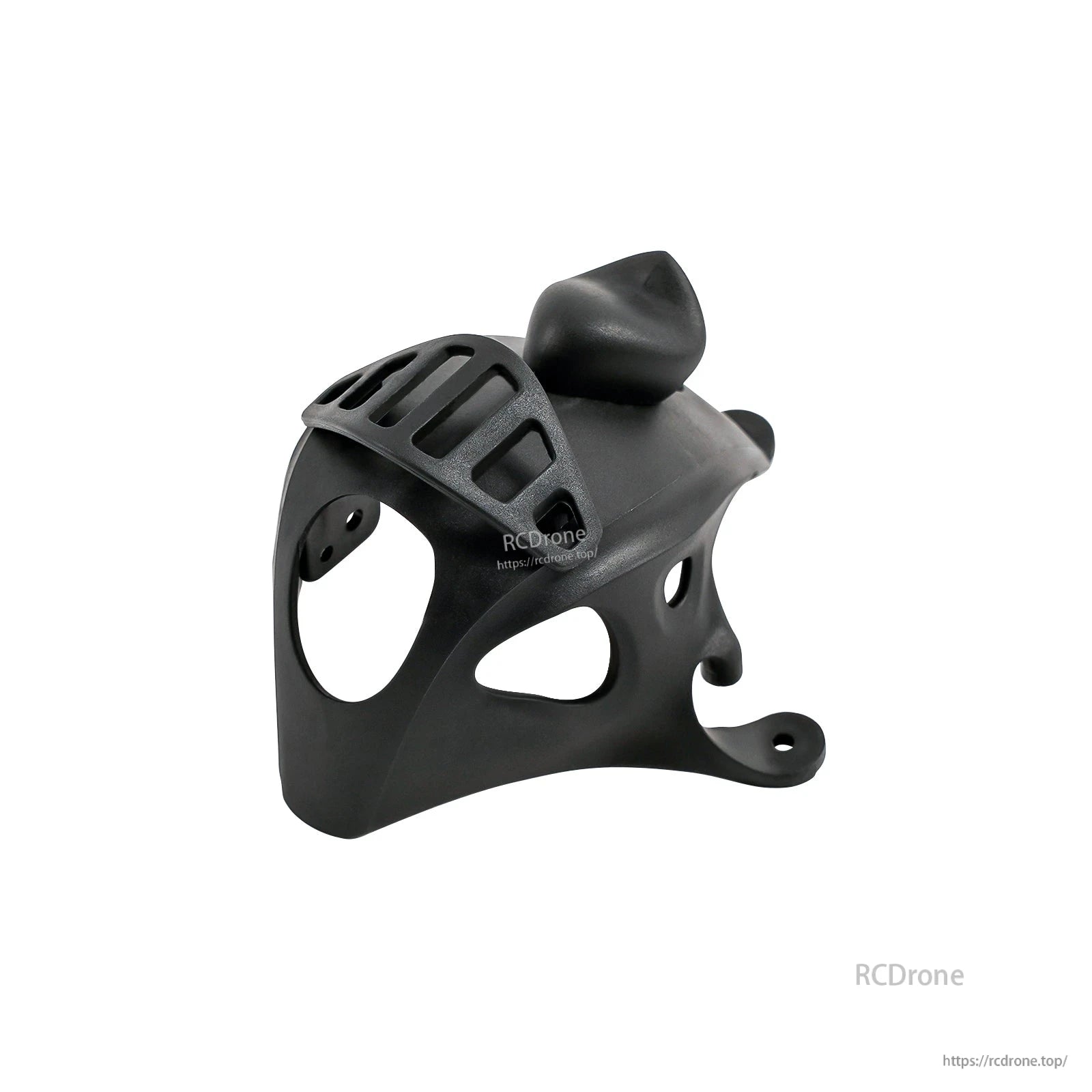 Black micro FPV canopy with raised top cover, front-left view showing vent slots and camera opening