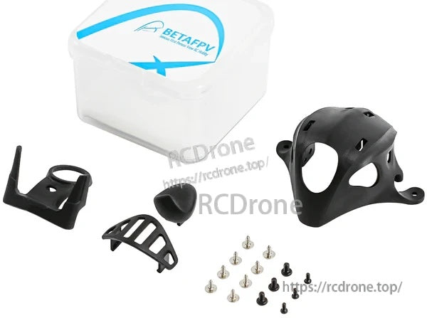 Package contents: black micro canopy, three detachable decorative parts, screws, and Betafpv storage box
