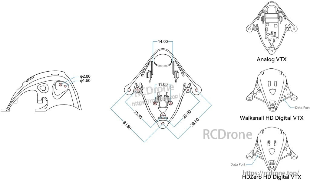 Mounting dimensions and hole spacing for the micro canopy, with layouts for analog, Walksnail and HDZero VTX