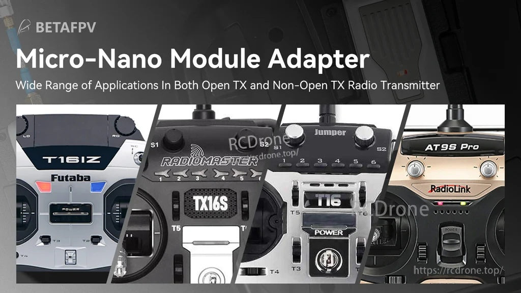 Compatibility graphic for the Micro-Nano module adapter across OpenTX and non-OpenTX radio transmitters