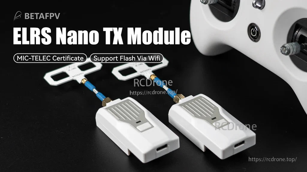 BETAFPV ELRS Nano TX modules with antenna and radio controller, compatible with the Micro-Nano module adapter