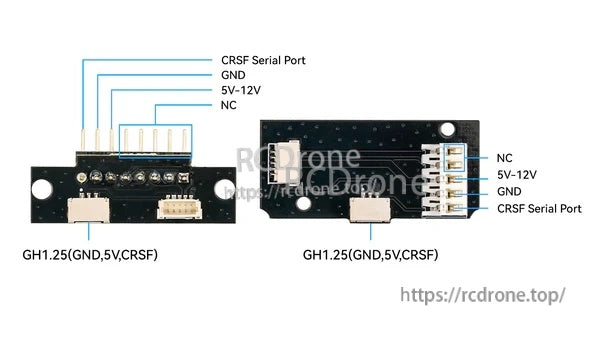 Micro-Nano adapter PCBA showing GH1.25 wiring labels for GND, 5V and CRSF, plus CRSF serial port pins