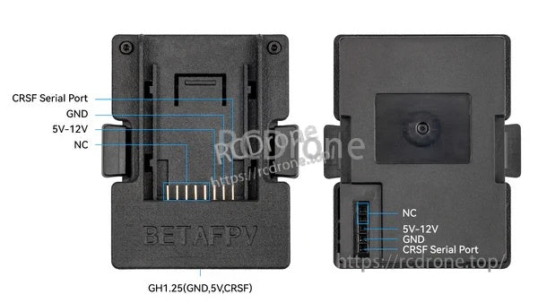 Micro-Nano module adapter back view with labeled JR bay pins: CRSF serial, GND, 5V–12V and NC