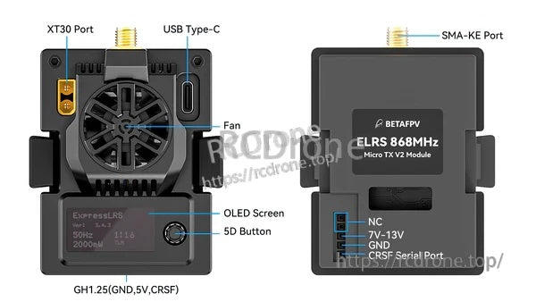Micro TX V2 front and rear view with labeled ports: XT30, USB-C, SMA-KE, fan, OLED, GH1.25