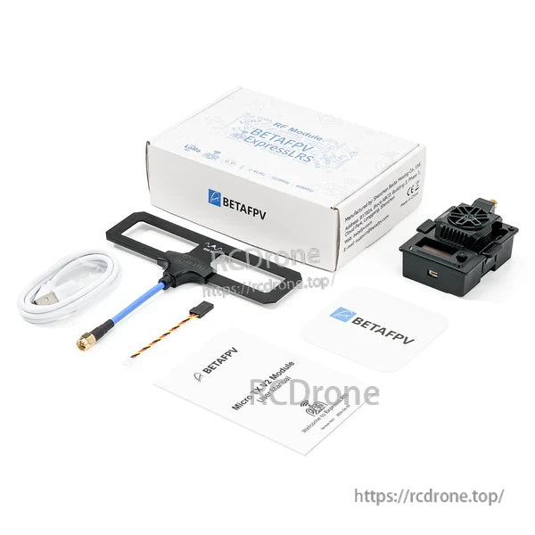 In-the-box contents: BETAFPV Micro TX V2 module, Moxon Antenna V2, USB-C cable, wires, and documents